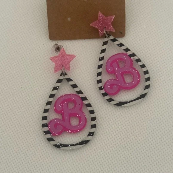 Glitter Acrylic Barbie B Earrings – Pink Star & Striped Teardrop Dangle – NWT - Picture 3 of 6